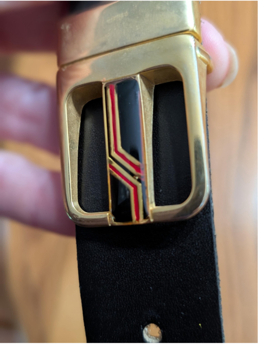 Vintage Black Leather Skinny Belt Gold Tone Geometric Buckle Minimalist Retro 80